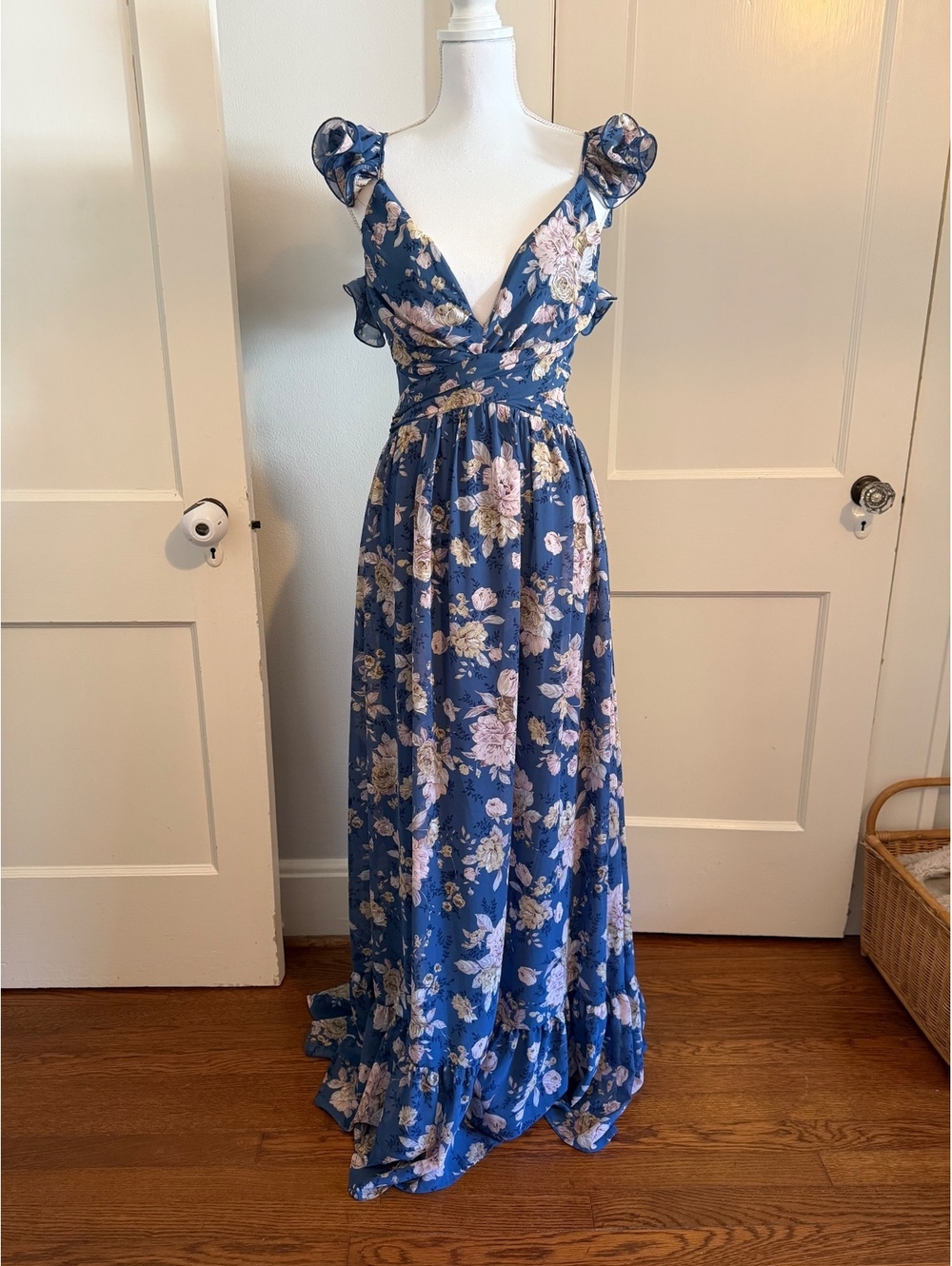 Lulus Blue Floral Ruffle Maxi Dress with Lace-Up Back